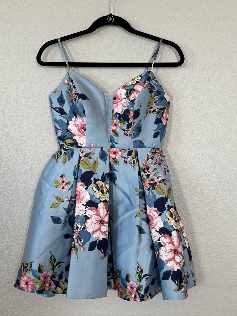 Teeze Me Blue Floral Fit & Flare Homecoming Dress Pockets Juniors 3/4
